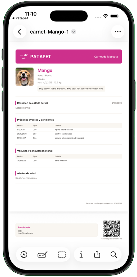 Carnet de mascota generado por Patapet